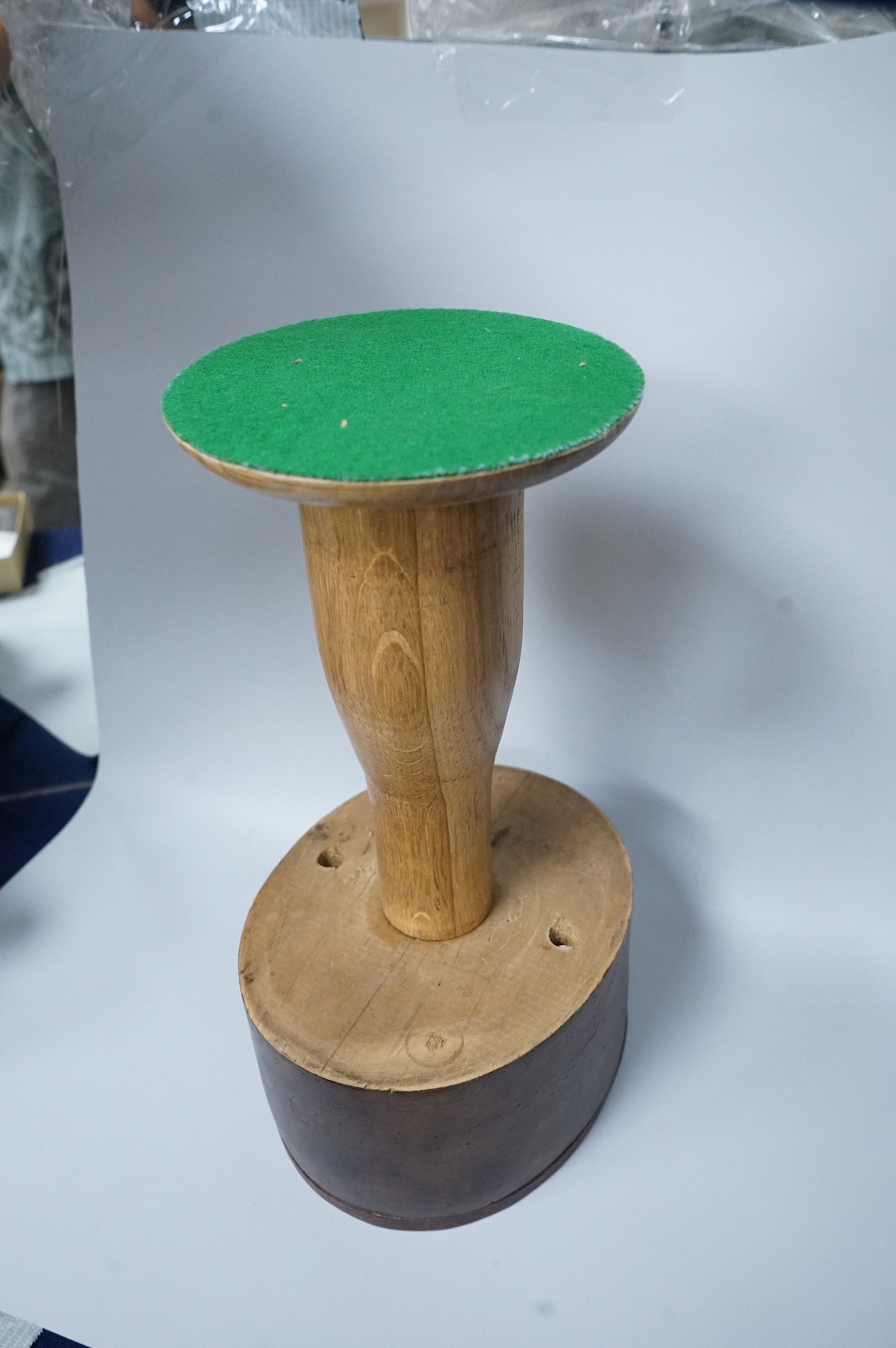 Oak and mahogany hat block, 31.5cm high